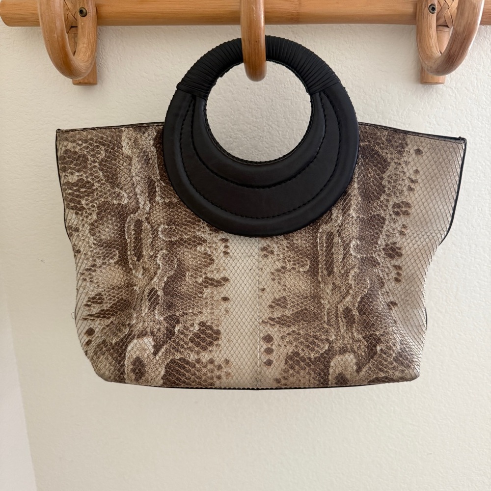 DONALD J.PLINER Genuine Leather Brown Ivory Python Print Tote top round handle